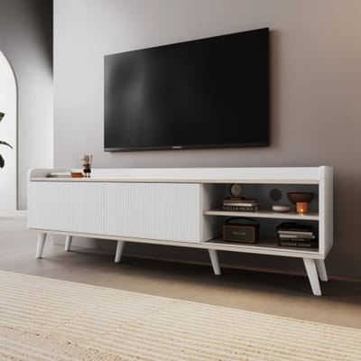 TV-Meubel met 2 Lades en Schuifdeuren – TV-Lowboard in Wit & Houtlook, Moderne Opbergkast 160x40x58 cm