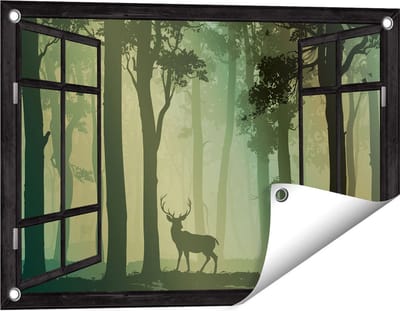 Gards Tuinposter Doorkijk Hert in het Bos - Silhouet - 60x40 cm - Tuindoek - Tuindecoratie - Wanddecoratie buiten - Tuinschilderij