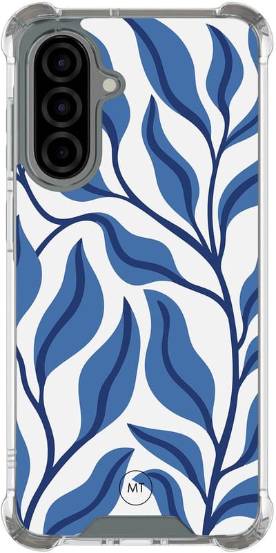 Hoesje (shockproof) geschikt voor Samsung Galaxy A56 - Blue leaves - Extra sterke case - TPU/polycarbonaat - Print - Blauw, Transparant