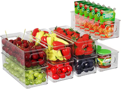 Famanu - Koelkast-organizer, set van 8, stapelbare opbergdozen, kleine koelkastdozen met handvat, doorzichtig reservoir voor keuken, kasten, vriezer, voorraadkast, BPA-vrij