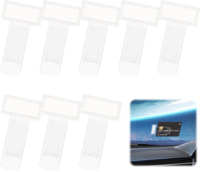 Parkeerkaarthouder, set van 8, transparant, zelfklevend, 74 x 40 mm, kunststof clip voor parkeerkaarten en documenten in de auto, zonder resten