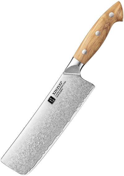 XinZuo X02O Pin Series Nakiri 19 cm – Professioneel Keukenmes – Olijfhouten Handvat – 3-Laags Composietstaal met Stonewash Afwerking