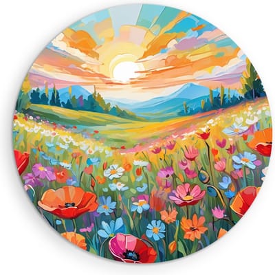 Saammp Muurcirkel Hout - Bloemenveld met zonsondergang - Natuur - Landschap - Ø 90 - Wandcirkel - Wanddecoratie Cirkel - Muurdecoratie Woonkamer - Slaapkamer decoratie - Rond Schilderij