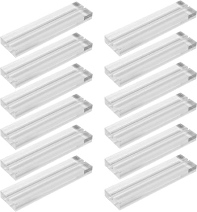 SnelShoppen - 12 Stuks Transparante Acryl Kaarthouders 12x3x1 cm, 3mm Tafelstandaard voor Foto's, Speelkaarten, Plaatskaarten en Bedrijfkaarten