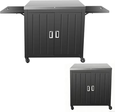 Grill Trolley 90 x 65 x 92 cm, Mobiele Keukenwagen met RVS Werkblad, Vouwbare Zijkanten en Wielen voor Barbecue en Tuingebruik