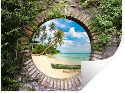 Muurstickers - Sticker Folie - Strand - Palmboom - Doorkijk - Kano - 40x30 cm - Plakfolie - Muurstickers Kinderkamer - Zelfklevend Behang - Zelfklevend behangpapier - Stickerfolie