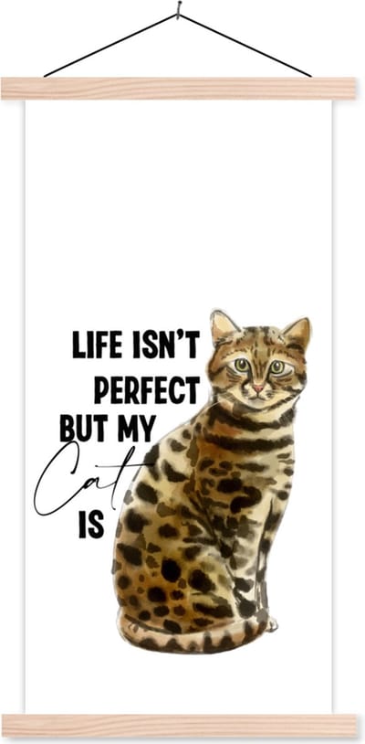 Posterhanger incl. Poster 60x120 cm - Schoolplaat - Spreuken - Life isn't perfect but my cat is - Quotes - Katten - Textielposter - Blanke latten