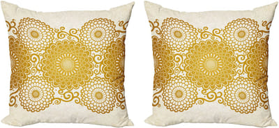 ABAKUHAUS Mandala Decoratieve Kussenhoes, Set van 2, Lente Bloemenrand, 45x45 cm, Eierschaal Aardegeel