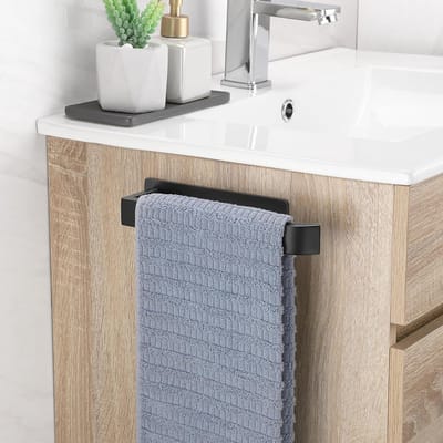 Famanu - Handdoekhouder zonder boren, mat zwart, 304 roestvrij staal, zelfklevend, eenarmige badhanddoekhouder, wandhanddoekhouder, om te plakken, voor badkamer en keuken, 22 cm