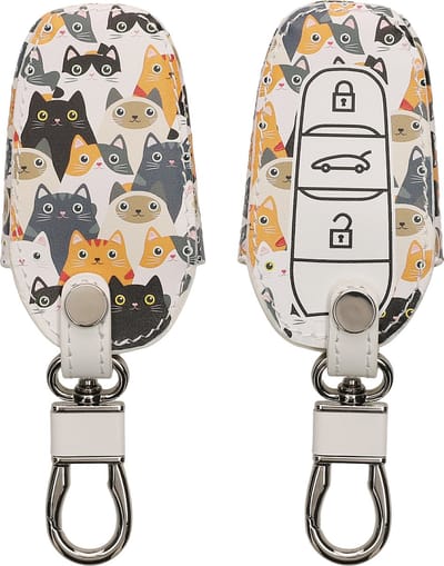 kwmobile autosleutel hoesje geschikt voor Peugeot Citroen 3-knops Smartkey autosleutel (alleen Keyless Go) - Autosleutel behuizing - Case in oranje / zwart / wit - Katten design