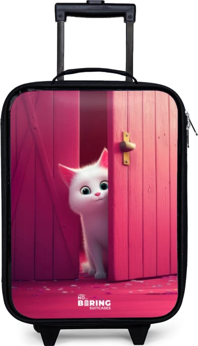 NoBoringSuitcases.com® - Kinderkoffer jongen - Kindertrolley meisje - Witte kat gluurt door roze deur - Koffer kind lichtgewicht - Reiskoffer trolley voor kinderen - Koffertje met lichtgevende wieltjes - Rolkoffer zwart