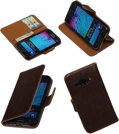 Mocca vintage lederlook bookcase voor de Samsung Galaxy J1 hoesje