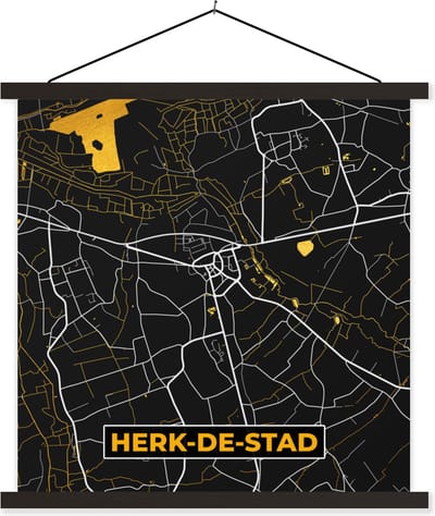 Posterhanger incl. Poster 60x60 cm - Schoolplaat - Herk-De-Stad - Plattegrond - Gold - Kaart - Stadskaart - Textielposter - Zwarte latten - Stadskaart