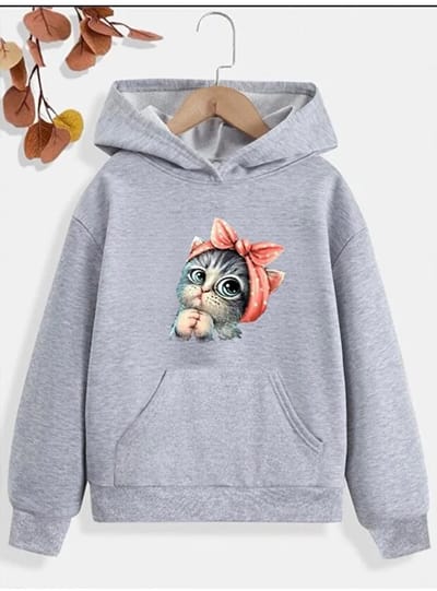 Trendy Kinder Hoodie Lichtgrijs met Schattige Kat Illustratie en Comfortabele Pasvorm voor Jongens en Meisjes - L-XL