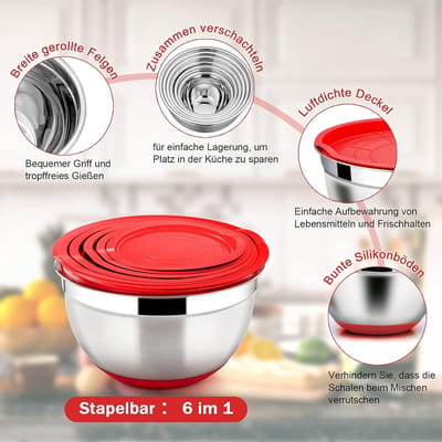 Mixkommen Set van 6 Stuks RVS, Met Luchtdichte Deksel en Siliconen Basis, Stapelbaar en Vaatwasserbestendig, Ideaal voor Salades en Bereidingen, Capaciteit van 4.6L tot 0.7L