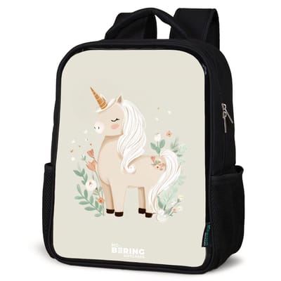 NoBoringSuitcases.com® - Rugzak zwart - Schooltas jongen & meisje - Eenhoorn tussen bloemen in beige kleuren - Rugtas voor school - Boekentas kind - Schoolrugzak - Kinderrugzak