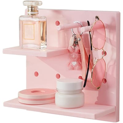 Geperforeerde wandorganizer met planken, zonder boren, multifunctionele wandorganizer voor poppen, grijs roze