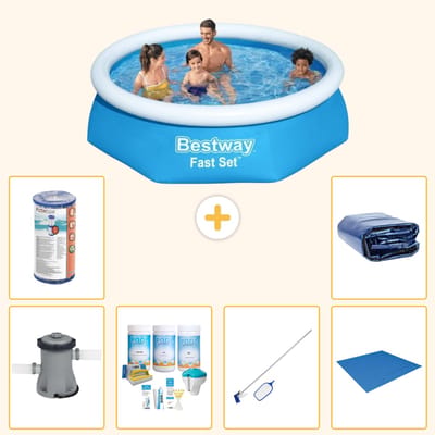 Bestway Rond Opblaasbaar Fast Set Zwembad - 244 x 61 cm - Blauw - Inclusief Pomp - Onderhoudspakket - Schoonmaakset - Grondzeil - Filter - Solarzeil - 7-delig