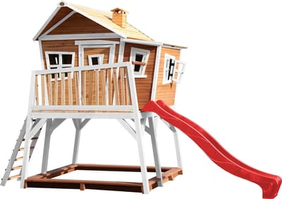 AXI Max Speelhuis in Bruin/Wit - Met Verdieping, Zandbak en Rode Glijbaan - Speelhuisje voor de tuin / buiten - FSC hout - Speeltoestel voor kinderen