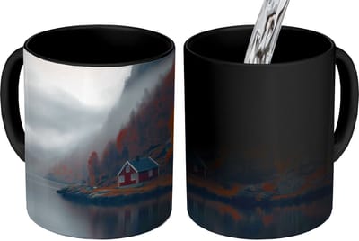 Magische Mok - Foto op Warmte Mokken - Koffiemok - Huis - Rood - Bergen - Water - Magic Mok - Beker - 350 ML - Theemok