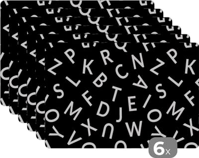 Placemat - Placemats kunststof - Letters - Patronen - Zwart - Wit - 45x30 cm - 6 stuks - Hittebestendig - Anti-Slip - Onderlegger - Afneembaar