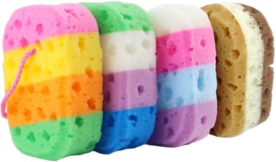 Verpakking met 4 badsponzen, scrubsponzen, badproducten, lichaamssponzen, zachte douchesponzen, badkameraccessoires