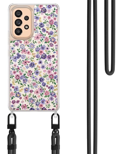 Hoesje met koord geschikt voor Samsung Galaxy A53 - Paarse bloemen - Inclusief Zwart koord - Crossbody beschermhoes - Transparant, Paars - Mooie Telefoonhoesjes