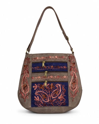N3 Collecties Geborduurde Handgemaakt Crossbody tas met Rits - Grijs/Blauw