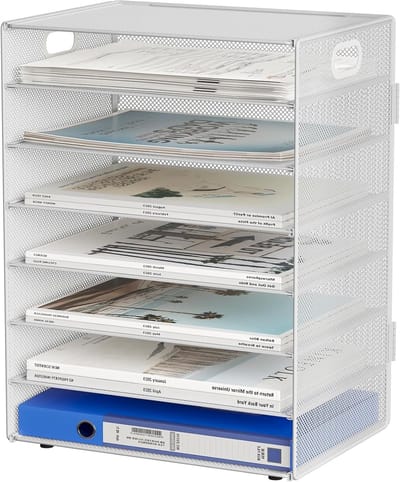 7-Laags A4 Bureau Mesh Tray - Desk Organizer voor Documenten, Tijdschriften en Kantoorbenodigdheden, Wit