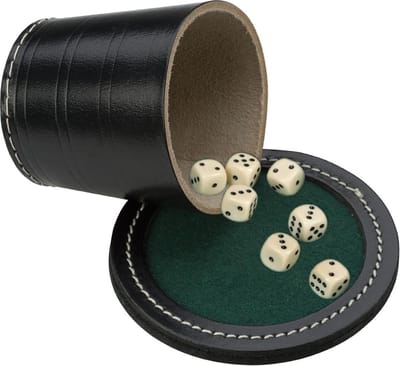 Pokerbeker met Deksel - Zwart Leder - Inclusief 6 Dobbelstenen 18 mm - Diameter 9 cm - Engelhart
