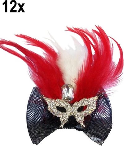 12x Luxe haarclip met oogmasker en veren rood/wit