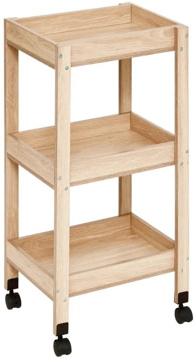 5Five Keuken/badkamer trolley 3 laags - L40 x B30 x H80 cm - naturel - PP hout - met wielen - opberg mandjes/bakjes