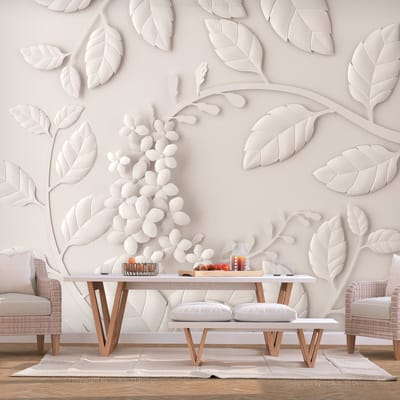 98cm X 70cm - Zelfklevend fotobehang -  Creme kleurige Papieren Bloemen  , Premium Print