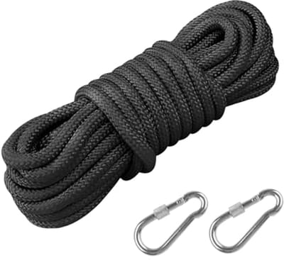 Zwart polypropyleen touw 10 mm - 12 m multifunctioneel veiligheidstouw met 2 karabijnhaken voor buitengebruik
