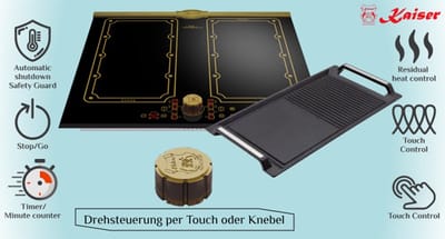 Kaiser - inductie - KCT 6192 FI Em -inductiekookplaat - 60 cm - incl. grillplaat - 8 verwarmingselementen: 4×2 inductiekookzones - FREE ZONE met 2 FLEX inductiezones - Zwart keramisch glas met antiekgouden strip