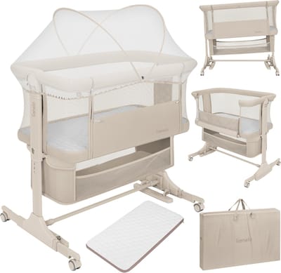 Lionelo Jodie 3in1 Wieg – Aanschuifbed, Vrijstaand Bedje & Schommelwieg – Co sleeper - 6 Hoogtestanden – T25 Matras – Neerklapbare Zijde – Inclusief Klamboe & Mand