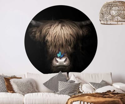 Behangcirkel 125cm Schotse hooglander met vlinder - Wallz