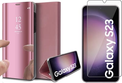 Hoesje geschikt voor Samsung Galaxy S23 - Screen Protector GlassGuard - Book Case Spiegel Roségoud & Screenprotector