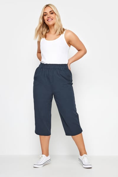 Yours Cropped Broek Van Katoen Met Elastische Taille In Donkerblauw Size 50-52