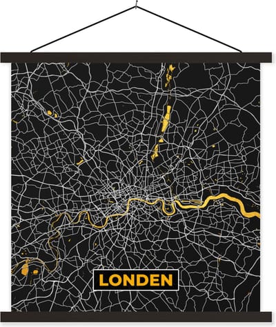 Posterhanger incl. Poster 60x60 cm - Schoolplaat - Londen - Stadskaart - Plattegrond - Goud - Kaart - Textielposter - Zwarte latten - Stadskaart