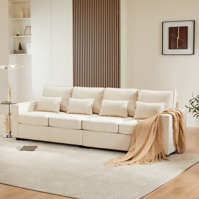 Moderne vierpersoonsbank met armleuningzak en 4 kussens - minimalistische stijl - voor woonkamer - appartement of kantoor - beige
