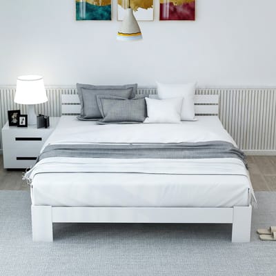 Gutent Massief Houten bed, Wit (Zonder matras), Tweepersoonsbed 200 x 140 cm Massief hout, Tweepersoonsbed bestaande uit bedframe en hoofdbord met lattenbodem, te gebruiken als grenen bed