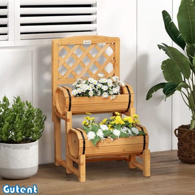 Gutent Verhoogd tuinbed - Rustiek ontwerp - Plantenbak - Inclusief klimbeugel - Weerbestendig - Behandeld massief hout - Houtkleur