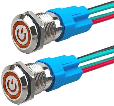 Set van 2 stuks 12mm Vergrendelbare Drukschakelaar, 12V/24V 3A, Waterdichte RVS Drukknop met Voorbedrade Socket en Gele LED Verlichting