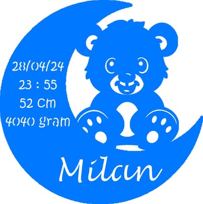 Gepersonaliseerd Houten Geboortebord met Maan en Beer – Uniek Kraamcadeau met Naam, Geboortedatum, Gewicht en Lengte - 38cm - Blauw