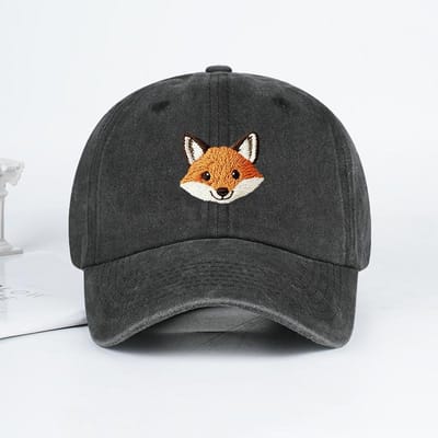 Schattige Vos Geborduurde Vintage Gewassen Baseballpet – Casual Streetwear Verstelbare Unisex Zon Hoed, Perfect voor Kamperen en Vakantie gray