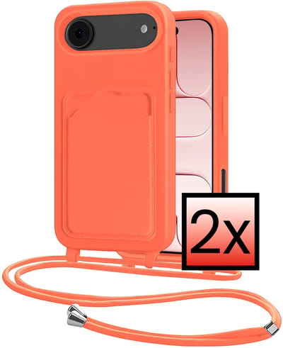 Hoes Geschikt voor iPhone Air Hoesje Pasjeshouder Cover Met Koord Case Siliconen Hoes Met Telefoonkoord en Kaarthouder - Papaya - 2 PACK