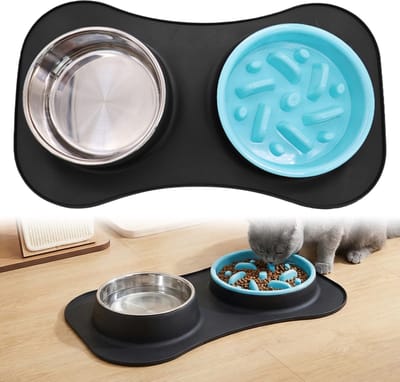 hondenbakken, voerbak voor honden en katten, anti-schrokbak voor honden, roestvrij stalen waterbak met antislip siliconen mat, dubbele voerbak voor honden en katten, voederstation, 42 x