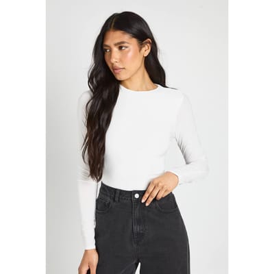 boohoo Dames Tall Dubbele Laag Slinky Lange Mouwen Ronde Hals Bodysuit | Wit | Maat: 40