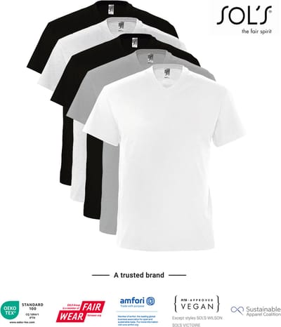 5 Pack SOLS V-hals, Heren T-Shirt 100% katoen V-hals, Zwart, Donker Blauw, Donker Grijs / Lichtgrijs gemeleerd,Wit Maat S